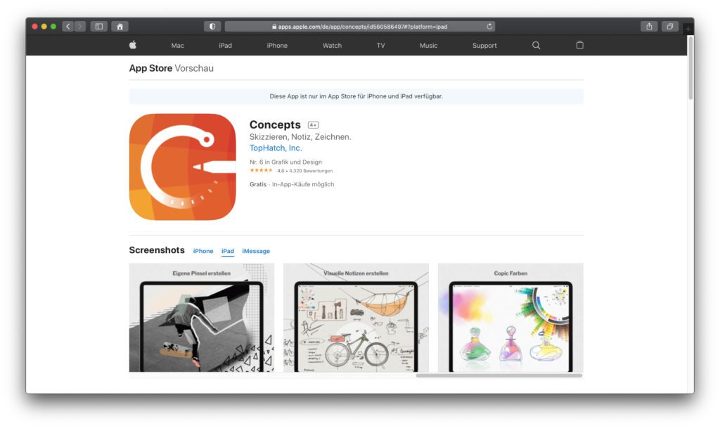Concepts – Malen und Zeichnen am iPad, aber mit anderen Ansätzen als in den vorigen Apps. Der Aufbau sowie der Zukauf von Inhalten ist individueller gestaltet, um mehr Freiheiten zu bieten. 