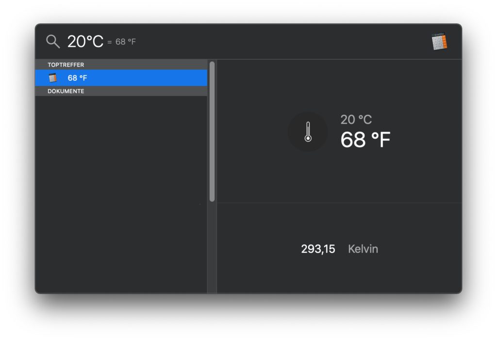 Neben Währungen wie Euro, Dollar, Yen und Co. könnt ihr in der macOS Spotlight-Suchleiste auch Temperaturen umrechnen. Genutzt werden standardmäßig °C, °F und Kelvin.