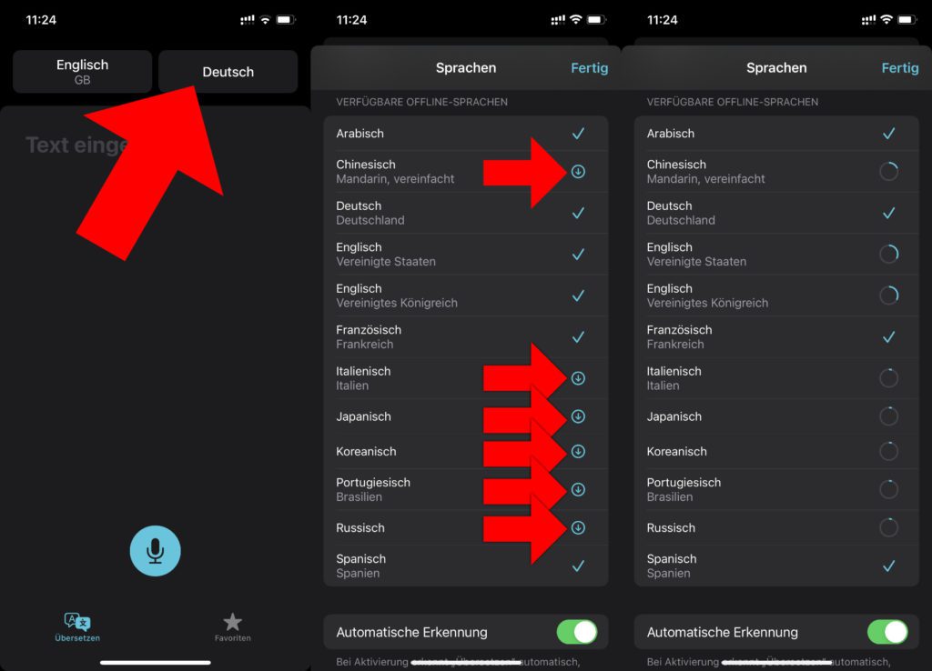 Wollt ihr in der Apple Übersetzen App Offline-Sprachen herunterladen, braucht ihr nur ein paar Male auf das Display tippen. Erst auf eine der aktuell ausgewählten Sprachen, dann auf die verfügbaren Offline-Sprachpakete.