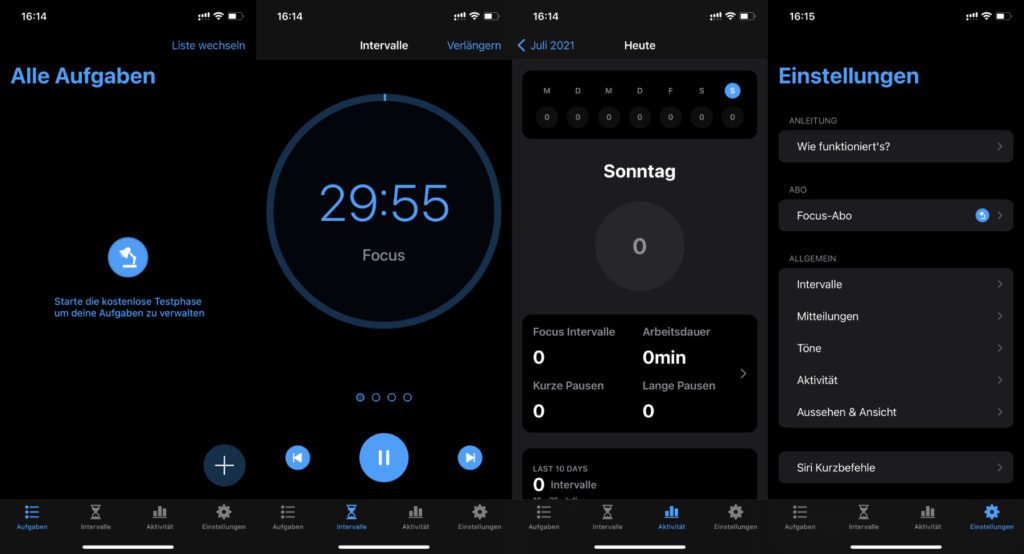 Die Focus App fürs Zeitmanagement bietet viele Funktionen, Optionen und Übersichten. Ich persönlich nutze nur den Timer – es ist aber auch eine wesentlich umfangreichere Nutzung möglich, je nach Arbeitsaufkommen, verschiedenen Aufgaben und persönlichem Arbeitsrhythmus.
