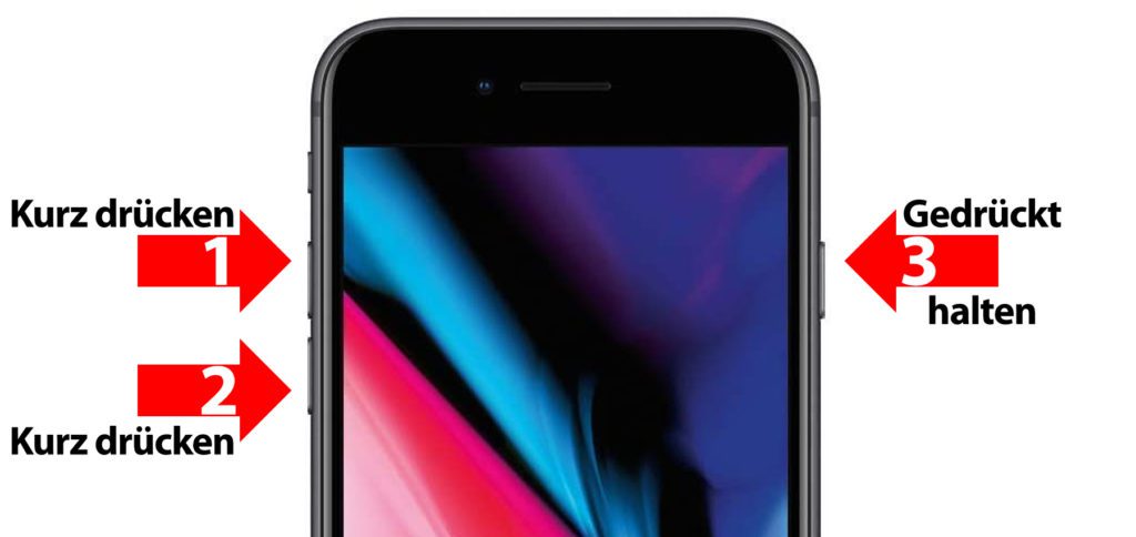 Der Apple iPhone 8 (Plus) Hard Reset funktioniert, indem ihr nacheinander kurz die Lauter-Taste, kurz die Leiser-Taste und dann lange die Seitentaste drückt. Die Seitentaste könnt ihr loslassen, wenn das Apple-Logo erscheint. So funktioniert das Neustart erzwingen am iPhone 8 (Plus).