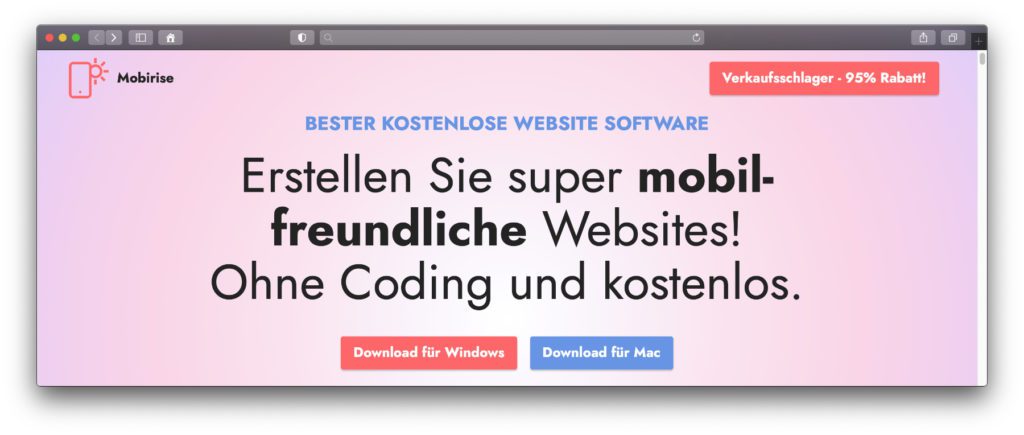 Der Mobirise Website-Baukasten ist einfach zu bedienen und sorgt dafür, dass die erstellte Seite auch mobil ideal angezeigt wird. Vorkenntnisse in Webdesign oder Programmieren sind nicht nötig.