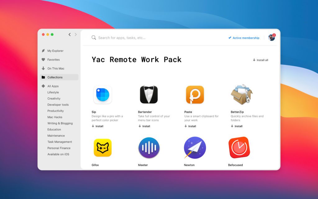 Das Yac Remote Work Pack ist eine von mittlerweile schon 16 Set App Collections. Ihr findet diese in der Setapp App auf dem Apple Mac – nebst der Möglichkeit, alle über 200 Apps des Abos auch einzeln zu laden und zu nutzen.