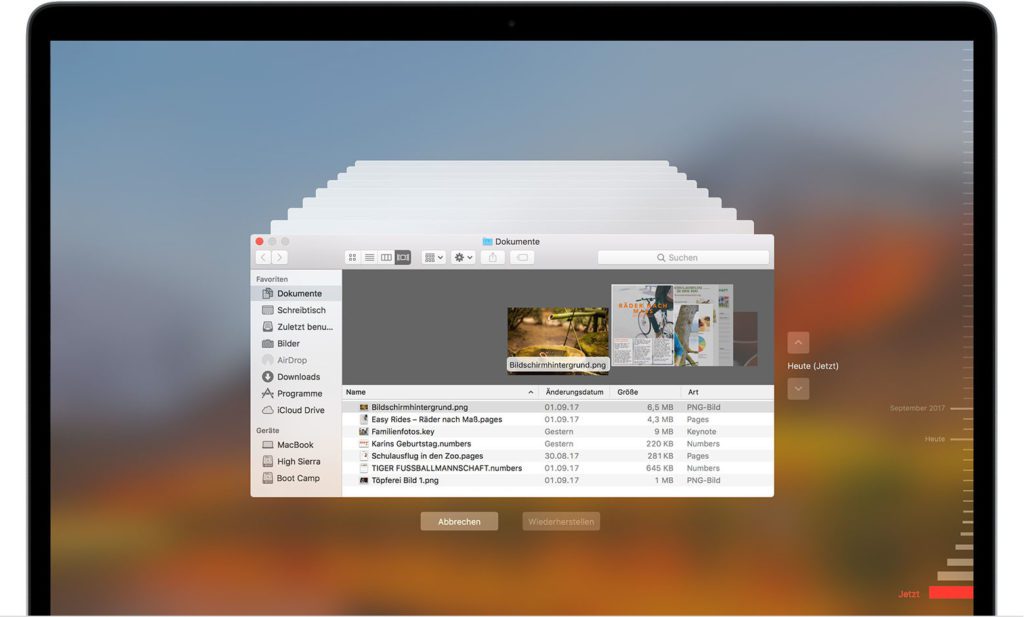 Der Time Machine Snapshot ist eine Momentaufnahme. Deshalb werden in dem Schnappschuss von macOS die Dateien und Ordner im Zustand dieses Moments gespeichert. Versehentliche Änderungen lassen sich somit leicht rückgängig machen. (Bildquelle: Apple.com)