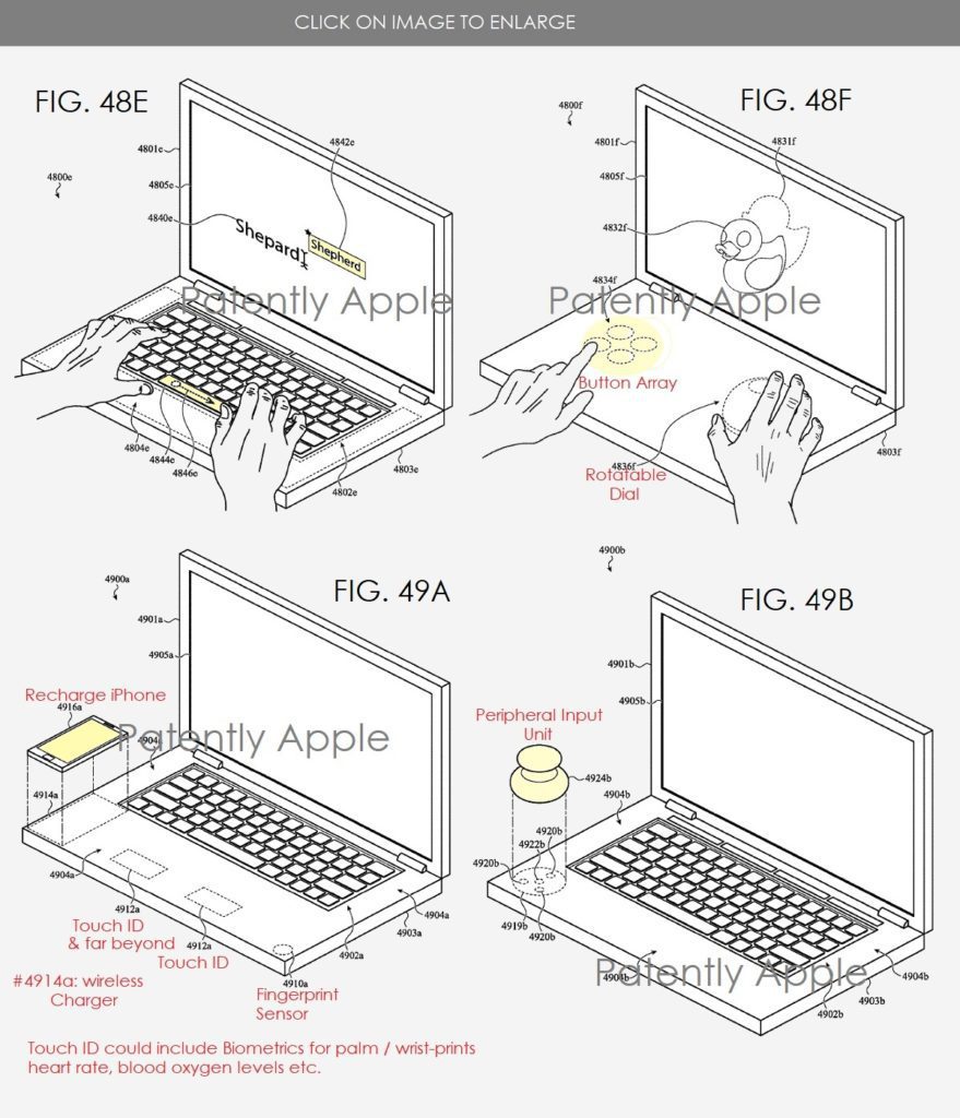 Hier zeigt Patently Apple weitere Einsatzmöglichkeiten. Dies sind aber nur einige der etlichen Grafiken aus dem sehr langen Patent-Papier, das Apple 2018 eingereicht und 2021 gewonnen hat.