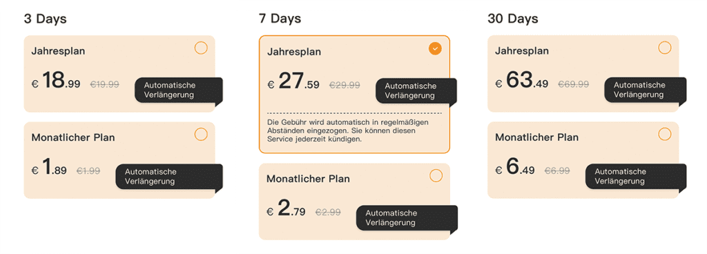 Hier sieht man die Preise für die iMou Cloud in der Übersicht. Sie sind direkt in der App zu finden und dort kann man auch das Abo buchen, wenn man keine SD-Karte nutzen mag.