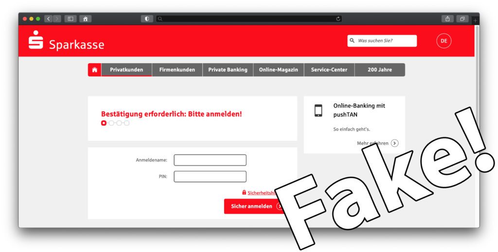 Damit ihr nicht neugierig sein müsst, habe ich aus Neugierde die Absender-Webseite aufgerufen. Es handelt sich um einen Nachbau der Sparkasse-Seite bzw. der Seite fürs Online-Banking. Alle Links führen zum Phishing, also dem Versuch, Login-Daten abzugreifen.