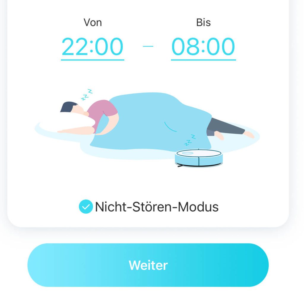 Durch die Einstellung der Bitte-nicht-stören-Zeiten erledigt der Roboter in dieser Zeit keine Reinigung und schaltet auch Licht und Lautsprecher aus, damit niemand gestört wird.