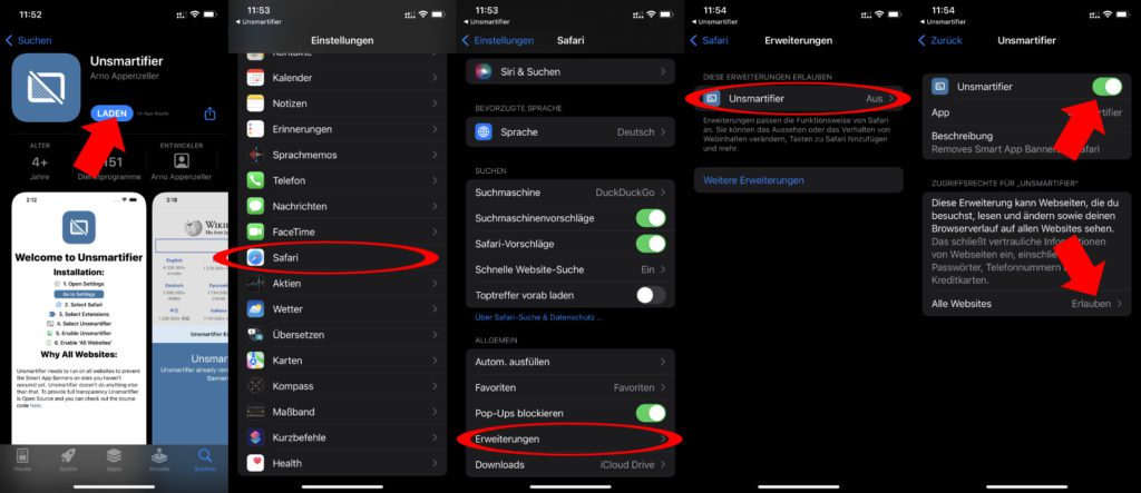 Nach der Installation der Unsmartifier App geht es so weiter: Einstellungen -> Safari -> Erweiterungen -> Unsmartifier -> Aktivieren und auf alle Websites anwenden. Schon werden die App-Banner in Safari am iPhone ausgeblendet.