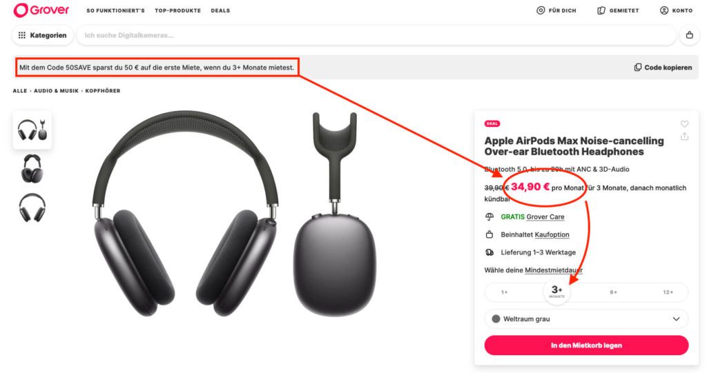 Ich weiß nicht, wie lange das Angebot gilt, aber aktuell bekommt man die AirPods Max für knapp 55 Euro für 3 Monate geliehen – reichlich Zeit, um zu schauen, ob man sich die Dinger vielleicht doch kaufen möchte.