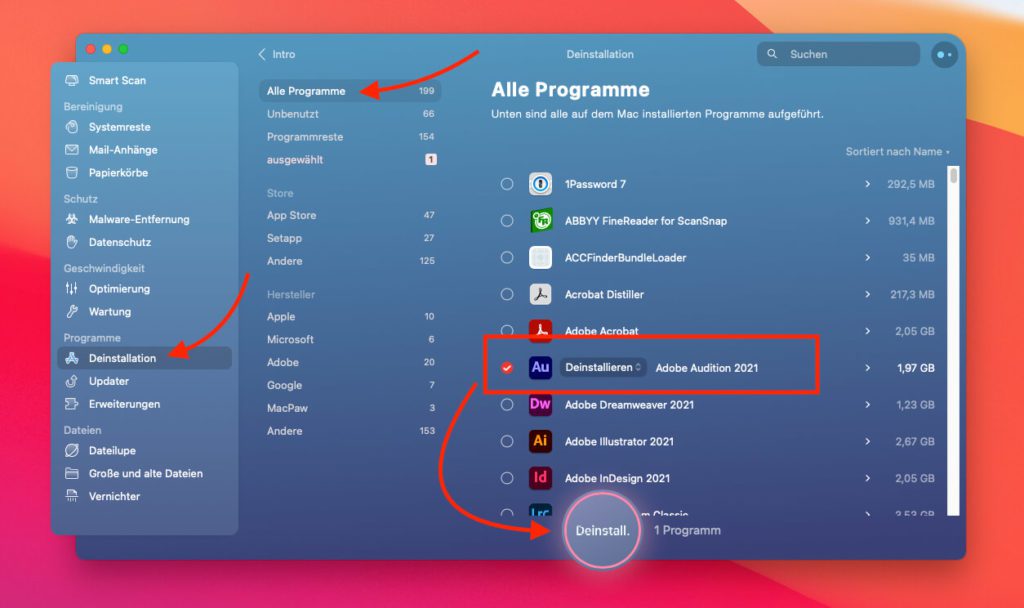 Mac-Programme deinstallieren – inklusive aller Reste im System – funktioniert mit wenigen Klicks, wenn man CleanMyMac X nutzt.