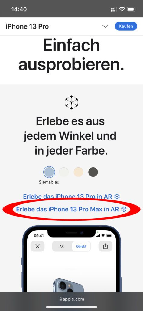 Auf der Apple-Webseite könnt ihr euch Geräte in AR anzeigen lassen. Dazu wird ein 3D-Modell in das Kamera-Bild auf dem Display eures Handys eingebettet. So könnt ihr eigene Größenvergleiche anstellen.