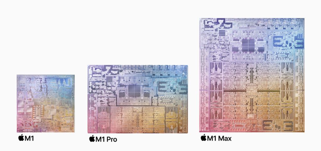 Apple Chips aus 2020 und 2021 im Vergleich: Der M1, M1 Pro und M1 Max.