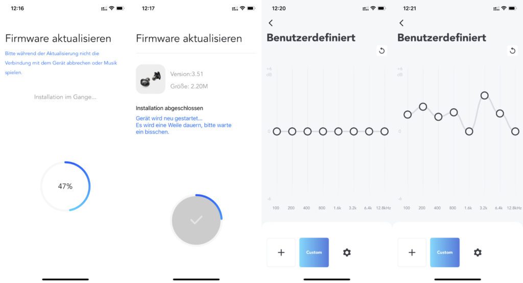 Hier zwei Beispiele für die Nutzung der Soundcore App am iPhone: Firmware aktualisieren und EQ einstellen. Die kostenlose Software kann aber auch zum Einstellen der Geräuschunterdrückungsstufe sowie weiteren Funktionen genutzt werden.