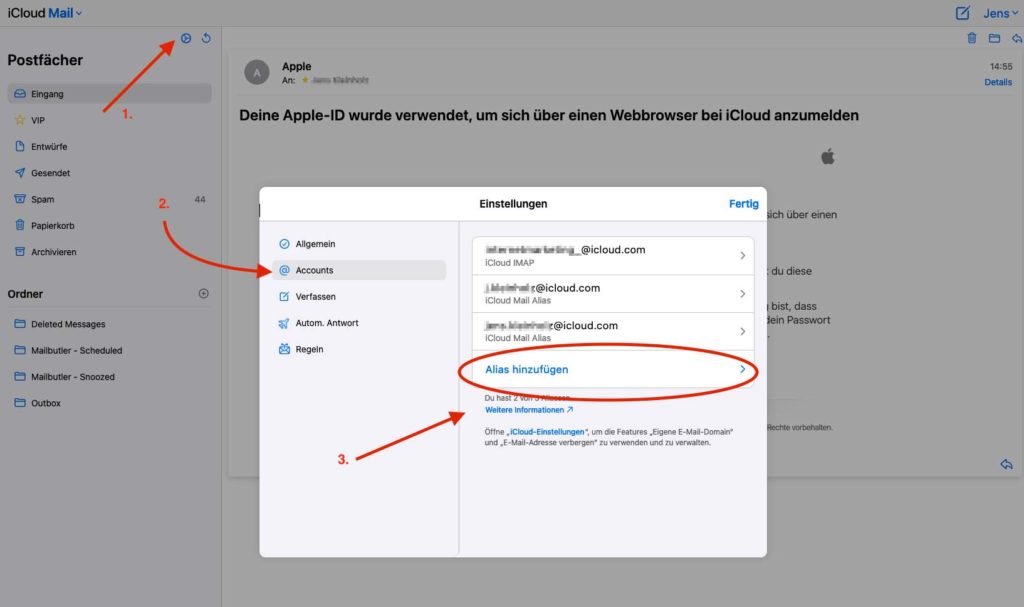 Hier im Screenshot siehst du eigentlich alle wichtigen Punkte, die du anklicken musst, um zum iCloud-Alias zu gelangen.