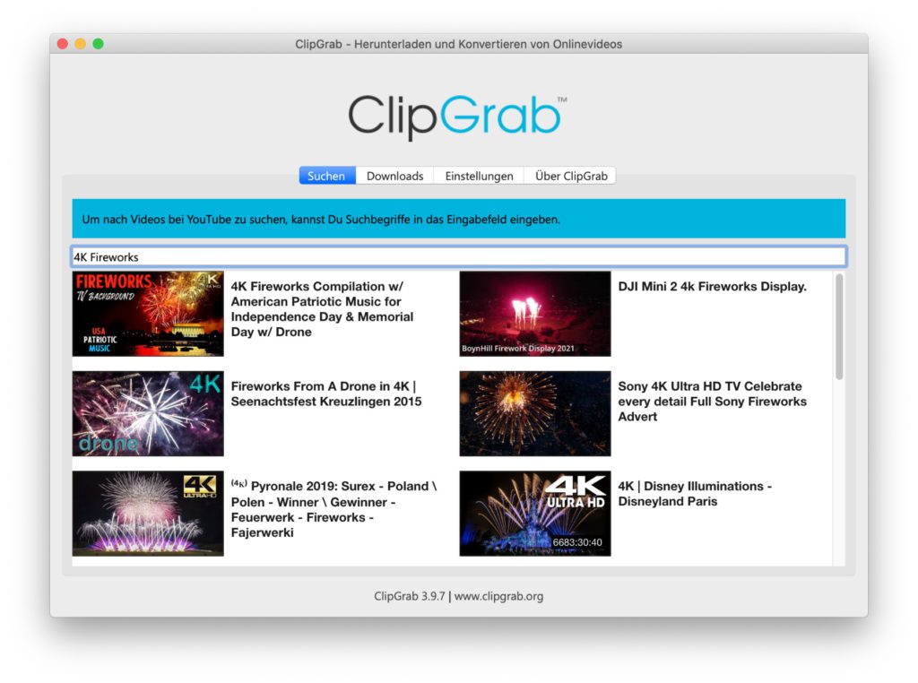 Feuerwerk-Videos in Full HD, 4K- und 8K-Auflösung für den rechtzeitigen Start von YouTube herunterladen? Das geht unter anderem mit der ClipGrab App für macOS auf dem Apple Mac.