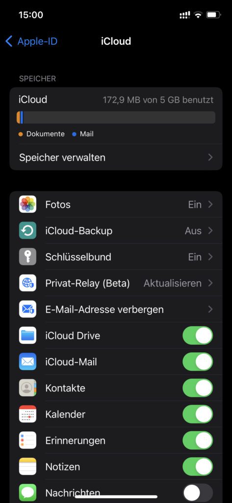 Die iCloud-Einstellungen am iPhone 12 Pro (unter iOS 15.1.1 aufgenommen).