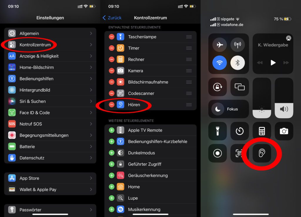 Über Einstellungen -> Kontrollzentrum könnt ihr die Hören-Schaltfläche sowie weitere Optionen im Kontrollzentrum eures iPhones ablegen und schnellen Zugriff erlangen.