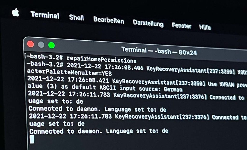 Mit dem Kommando "repairHomePermissions" werden die Zugriffsrechte im Benutzer-Ordner repariert (Foto: Sir Apfelot).