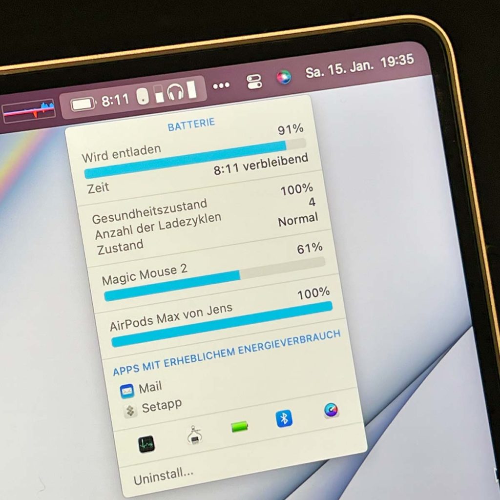 restliche Akkulaufzeit in Menüleiste MacBook Pro