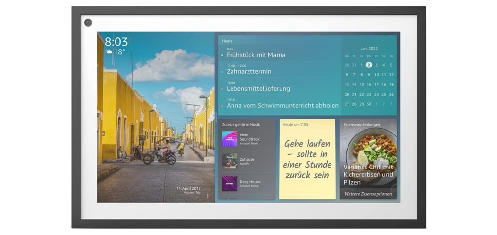 Der Amazon Echo Show 15 bietet ein Full HD Display mit 15,6 Zoll Diagonale sowie eine 5 MP Kamera mit Abdeckung. Das Smart Home Display mit Alexa-Sprachassistenz kann im Hoch- und Querformat genutzt werden und bietet individuelle Accounts für mehrere Nutzer/innen.
