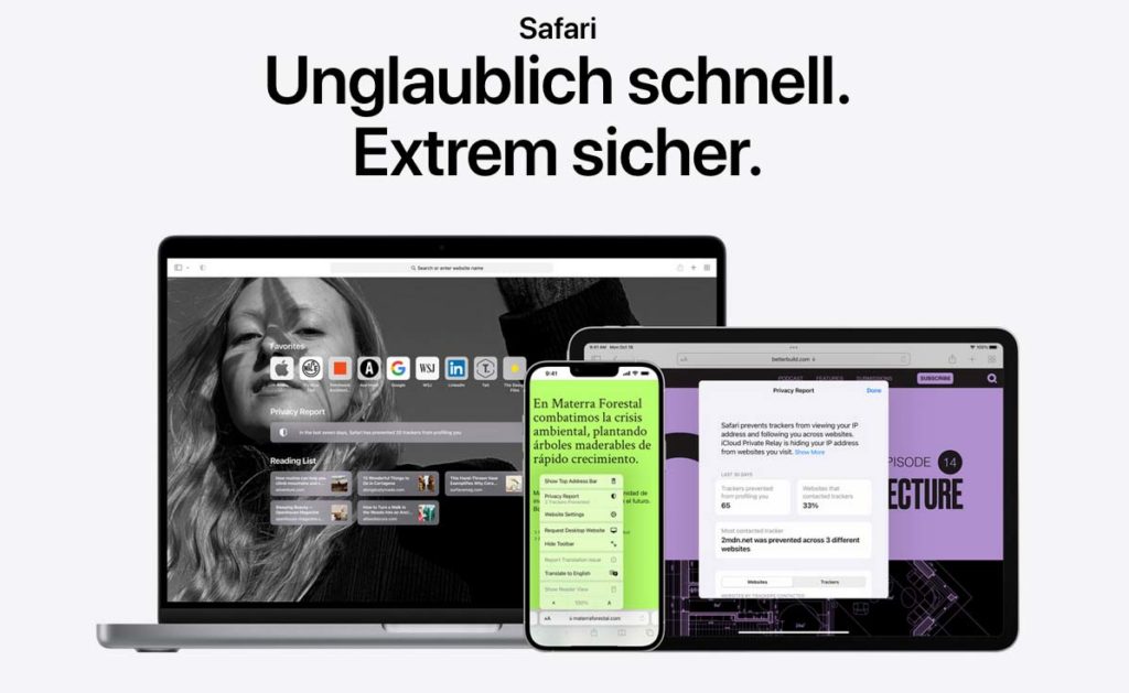 Auf Apple Geräten ist Safari der Standard-Browser. Aufgrund seiner Geschwindigkeit, seiner Schutzmechanismen und des sparsamen Umgangs mit dem Arbeitsspeicher, ist er eine empfehlenswerte Wahl (Screenshot: Apple).