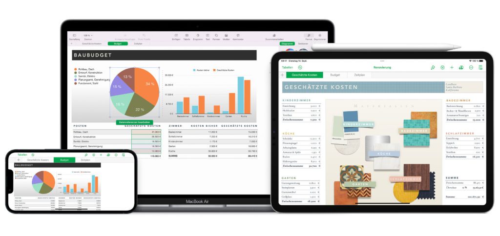 Die Numbers App von Apple bietet eine umfangreiche Tabellenkalkulation mit Formeln, Diagrammen, Sortierungen, Daten-Export und vielen weiteren Features. Ihr könnt die Excel-Alternative auf Mac, iPad und iPhone nutzen. Zudem gibt es eine Web-App auf der iCloud-Webseite. Bilderquelle: Apple.com