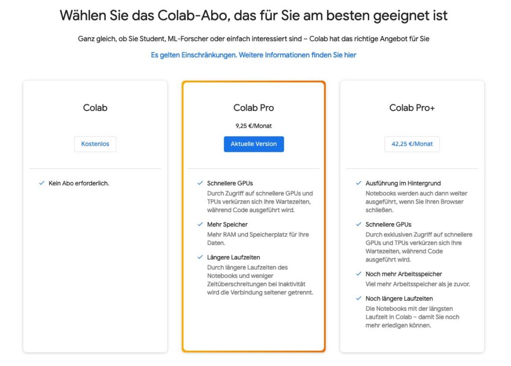 Google Colab Preise für die kostenlose Version und die Pro und Pro+ Modelle.