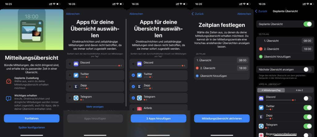 Beim ersten Einrichten der Mitteilungsübersicht unter iOS am Apple iPhone werdet ihr durch alle Schritte geleitet (Screenshots 1 bis 4). Auf dem letzten Screenshot seht ihr, dass ihr alle Einstellungen nach dem Einrichten anpassen und ändern könnt. So könnt ihr euch unwichtige Mitteilungen individuell gebündelt anzeigen lassen. Klickt auf das Bild, um es zu vergrößern.