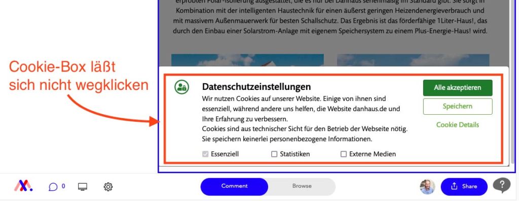 Bei einer speziellen Webseite konnte ich Markup.io nicht verwenden, da ich die Cookie-Box nicht wegklicken konnte und die Webseite damit in Markup.io unbenutzbar war.