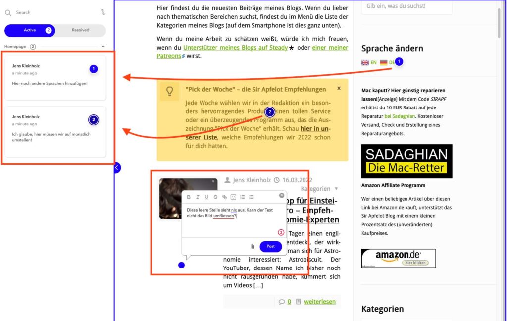 So sieht es aus, wenn man eine Webseite in Markup mit Anmerkungen versieht. Die Stellen mit Anmerkungen sind durch blaue Kreis markiert und jeder Kommentar ist links in der Seitenleiste zu finden.