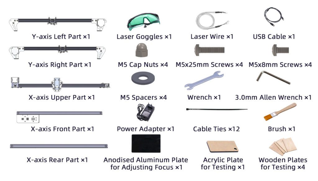 Der Lieferumfang der Ortur Aufero Laser 2 Schneide- und Graviermaschine im Detail.