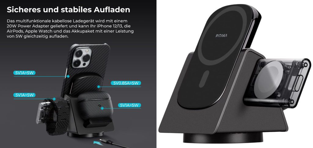 Die Pitaka MagEZ Slider Ladestation für iPhone, Apple Watch und AirPods (Pro) ist um 360° drehbar, modular aufgebaut und bietet eine 4.000 mAh Powerbank für das kabellose Aufladen des iPhone 12 (Pro) bzw. iPhone 13 (Pro) unterwegs.  