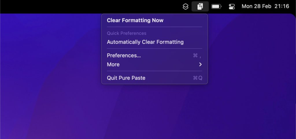 Über das Symbol in der Menüleiste könnt ihr Pure Paste anpassen und nutzen.