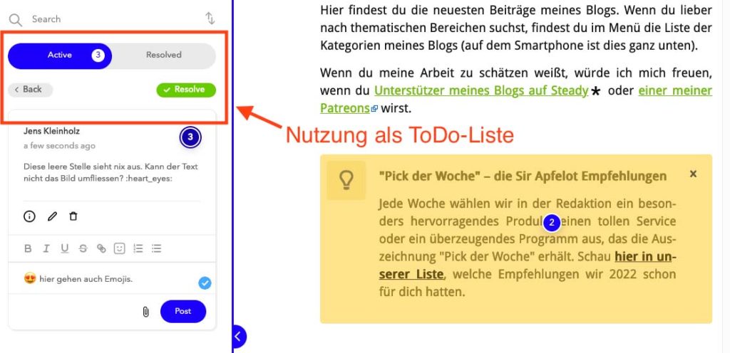 Jede Anmerkung in Markup.io kann als Punkt verstanden werden, der als "gelöst" markiert werden kann. Dadurch kann man alle Anmerkungen organisiert abarbeiten.