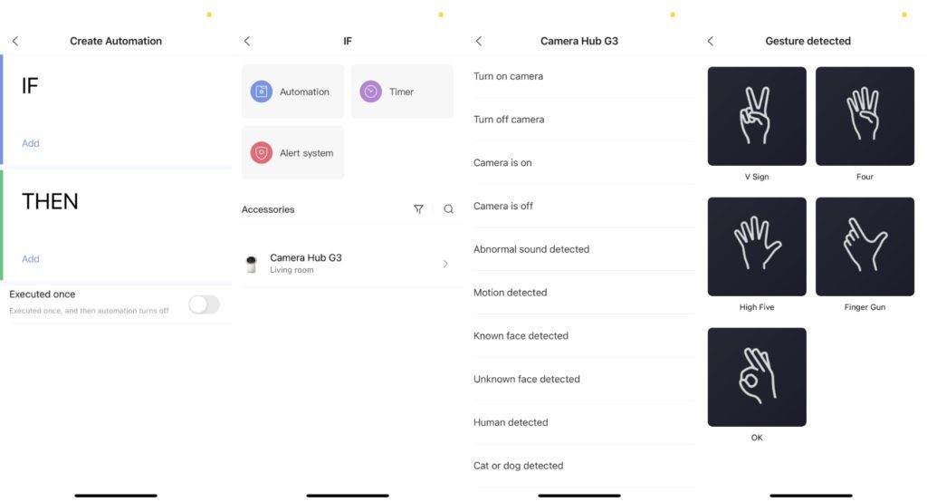 In der Aqara Home App könnt ihr Automatisierungen einrichten. Dabei dient die Aqara Camera Hub G3 Überwachungskamera nicht nur als Hub für bis zu 128 Geräte, sondern kann auch als Auslöser genutzt werden – z. B. durch Erkennung von Bildinhalten wie Gesten.