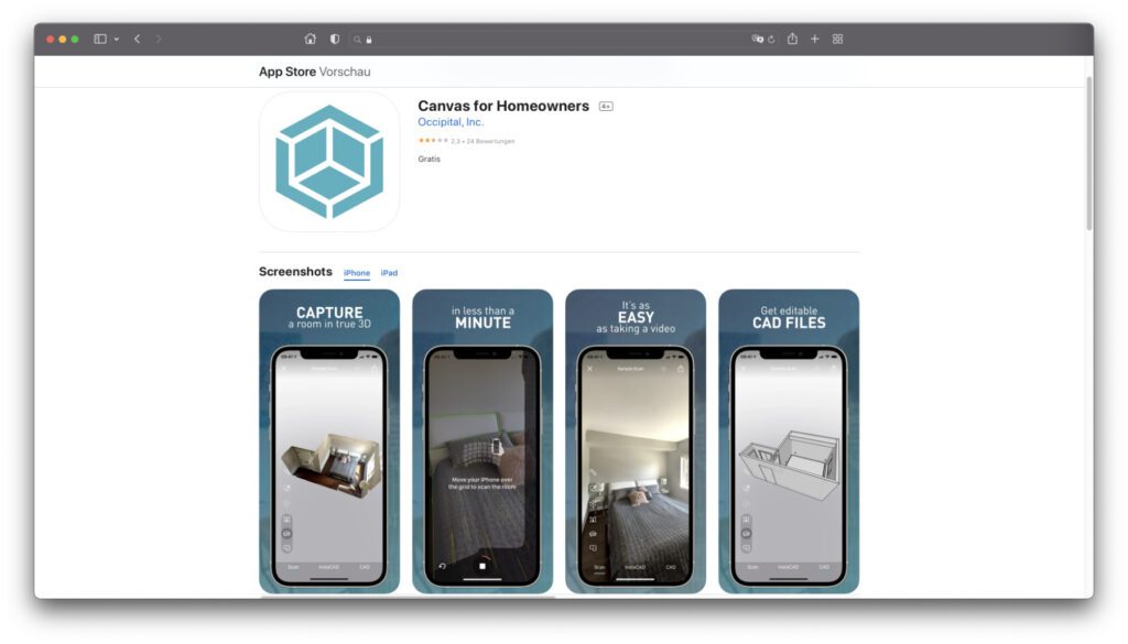 Canvas for Homeowners verspricht die einfache Aufnahme von ganzen Räumen als 3D-Modelle sowie die Erstellung von CAD-Modellen. Allerdings werden mehr Daten erhoben und die App ist nicht so gut bewertet.