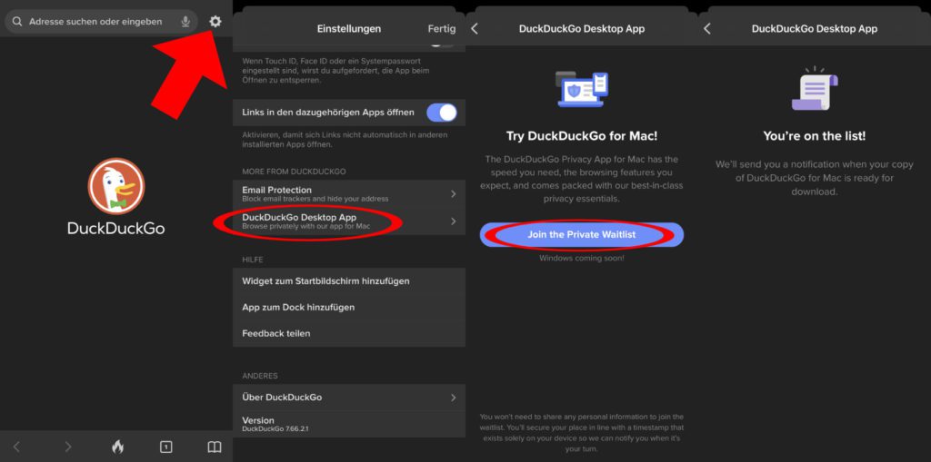 Auf die Beta-Warteliste für den DuckDuckGo Mac-Webbrowser gelangt ihr über die iOS- bzw. iPadOS-App. Hier die einzelnen Schritte als Screenshots.