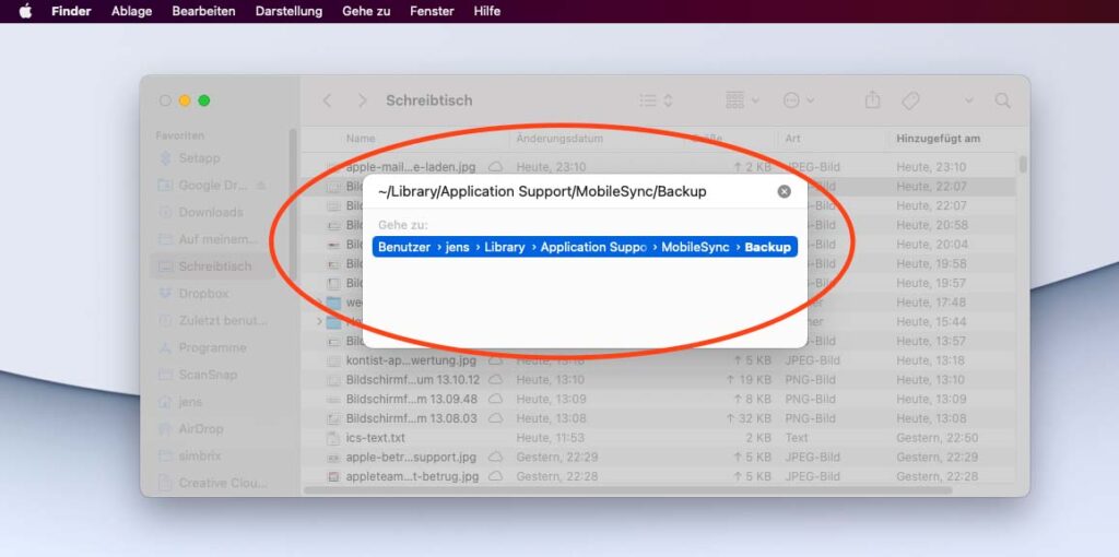 Um die iPhone- und iPad-Backups zu finden, gibt man den Pfad ein, der zu dem passenden Ordner am Mac führt.
