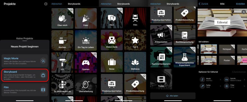 iMovie 3.0 mit Storyboard-Modus am iPhone: Hier seht ihr die Auswahl der einzelnen Voreinstellungen sowie den Bildschirm nach Auswahl einer der Optionen.