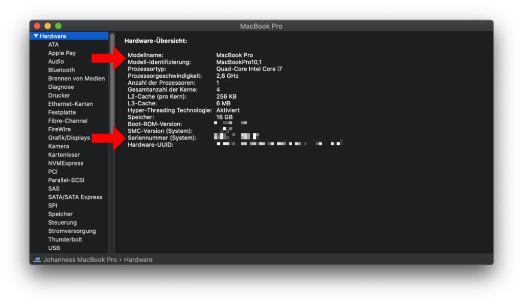 Klickt ihr auf den Systembericht-Button, dann werden euch noch viele weitere Infos aufgelistet. Im Hardware-Bereich befindet sich die Modell-Identifizierung, mit der ihr Jahrgang und Ausstattung des Rechners ermitteln könnt (s. u.).