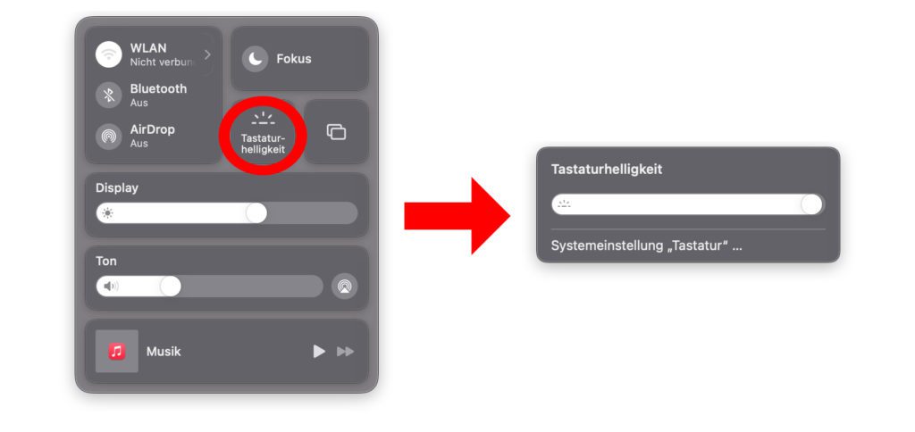 Im Kontrollzentrum (aktuell macOS 11 Big Sur und macOS 12 Monterey) findet ihr die Tastaturhelligkeit als Option. Klickt ihr da drauf, erscheint ein Schieberegler für die Einstellung der genauen Helligkeit der LED-Beleuchtung.