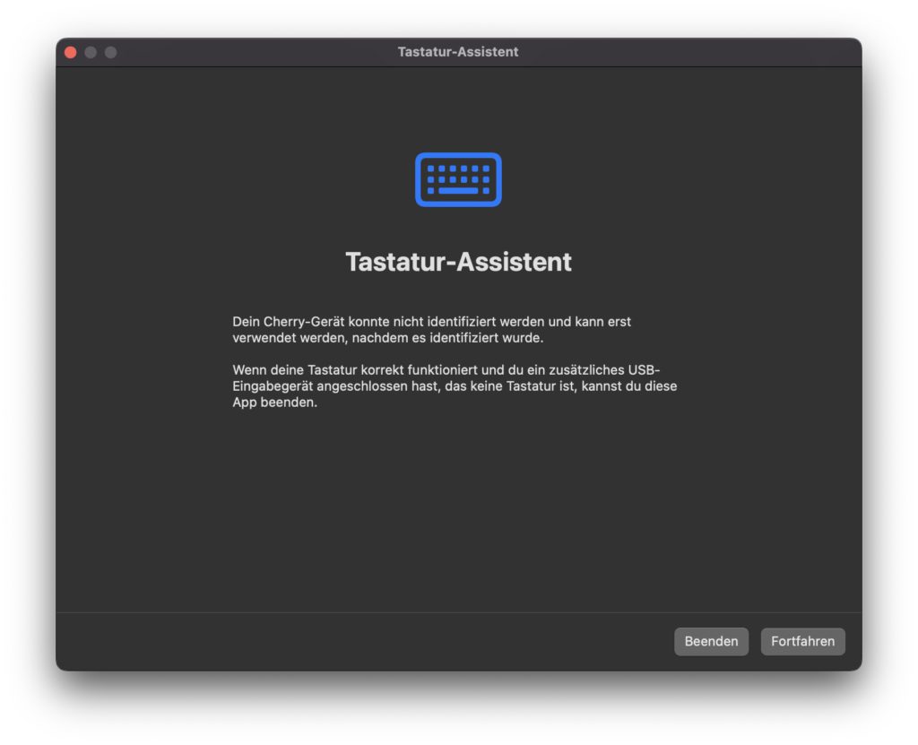 Der macOS Tastatur-Assistent sollte automatisch erscheinen, wenn ihr die plist-Datei gelöscht, den Mac neu gestartet und die Tastatur wieder angeschlossen habt.