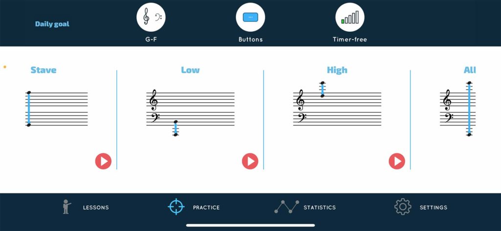 Bei Notes Teacher kann man sich aussuchen, welchen Bereich von Noten man lernen möchte, als angehende Tastenklopfer lerne ich natürlich Violin- und Bassschlüssel.