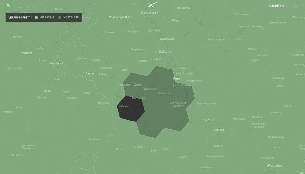 In Deutschland gibt es tatsächlich noch einen Bereich, in dem Starlink nicht verfügbar ist, aber der wird vermutlich auch bald abgedeckt sein (Stand 04/2022).