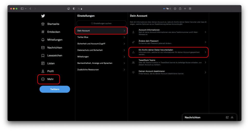 Wollt ihr euren Twitter-Account löschen und vorher ein Archiv eurer Daten herunterladen, könnt ihr es über das Menü auf der Webseite anfordern.