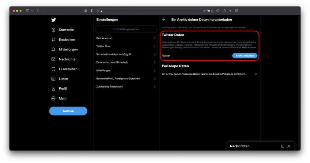 Das Archiv der eigenen Twitter-Daten herunterladen geht erst, wenn ihr euer Passwort und eure E-Mail-Adresse bestätigt habt. Anschließend fordert ihr das Archiv an, wartet ein paar Tage und dann könnt ihr den Download starten.