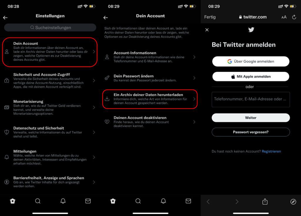 Den Menüpunkt zum Anfordern eures Twitter-Archivs findet ihr auch in der App. Jedoch werdet ihr dort auf die Webseite umgeleitet. Ich empfehle das Vorgehen am Mac oder PC.