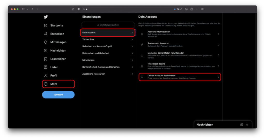 Wollt ihr euren Twitter-Account löschen, dann findet ihr die nötigen Optionen dazu recht schnell in den Einstellungen auf der Webseite – z. B. im Webbrowser an Mac und PC.