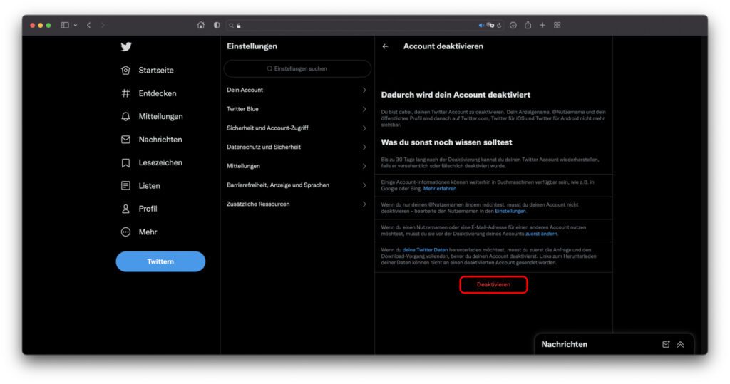 Zum Twitter-Konto deaktivieren müsst ihr das Vorgehen bestätigen. So wird geklärt, dass ihr euch wirklich sicher seid. Anschließend habt ihr 30 Tage Zeit, bis eure Daten endgültig gelöscht werden.